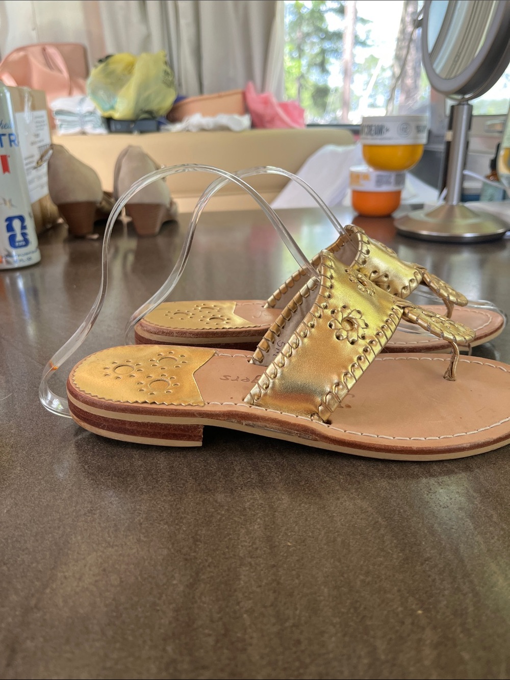 Jack Rogers Gold Leather Medallion Thong Sandals - Picture 2 of 4